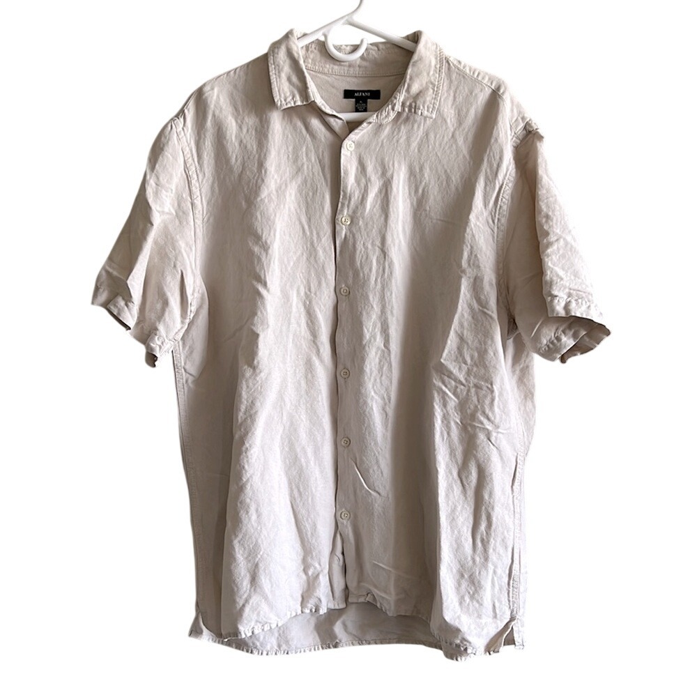 Alfani Mens XL Linen Blend Short Sleeve Button Down Shirt Beige Summer Casual
